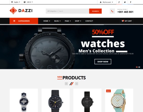 VinaGecko Dazzi - Download VirtueMart Joomla Template for Watches Store